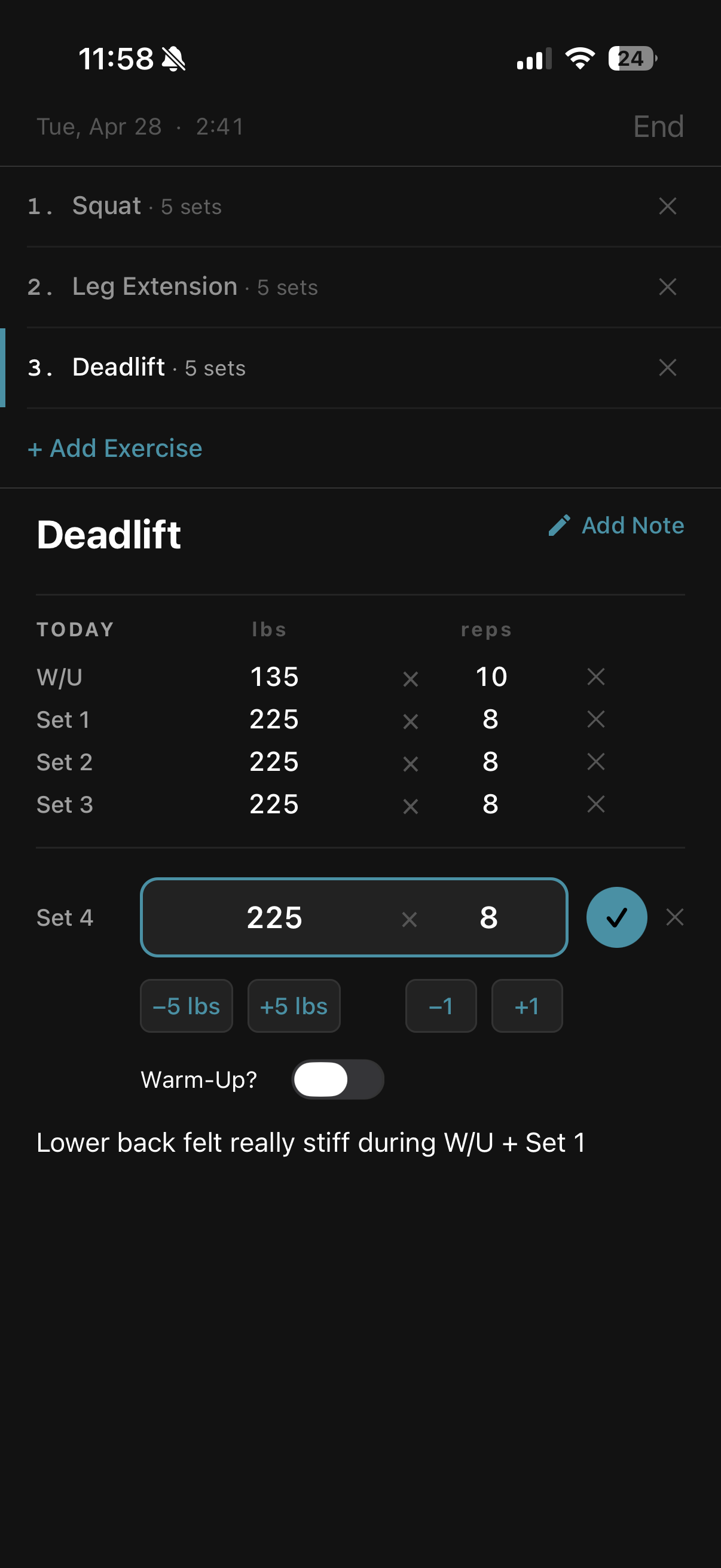Workout logging screen