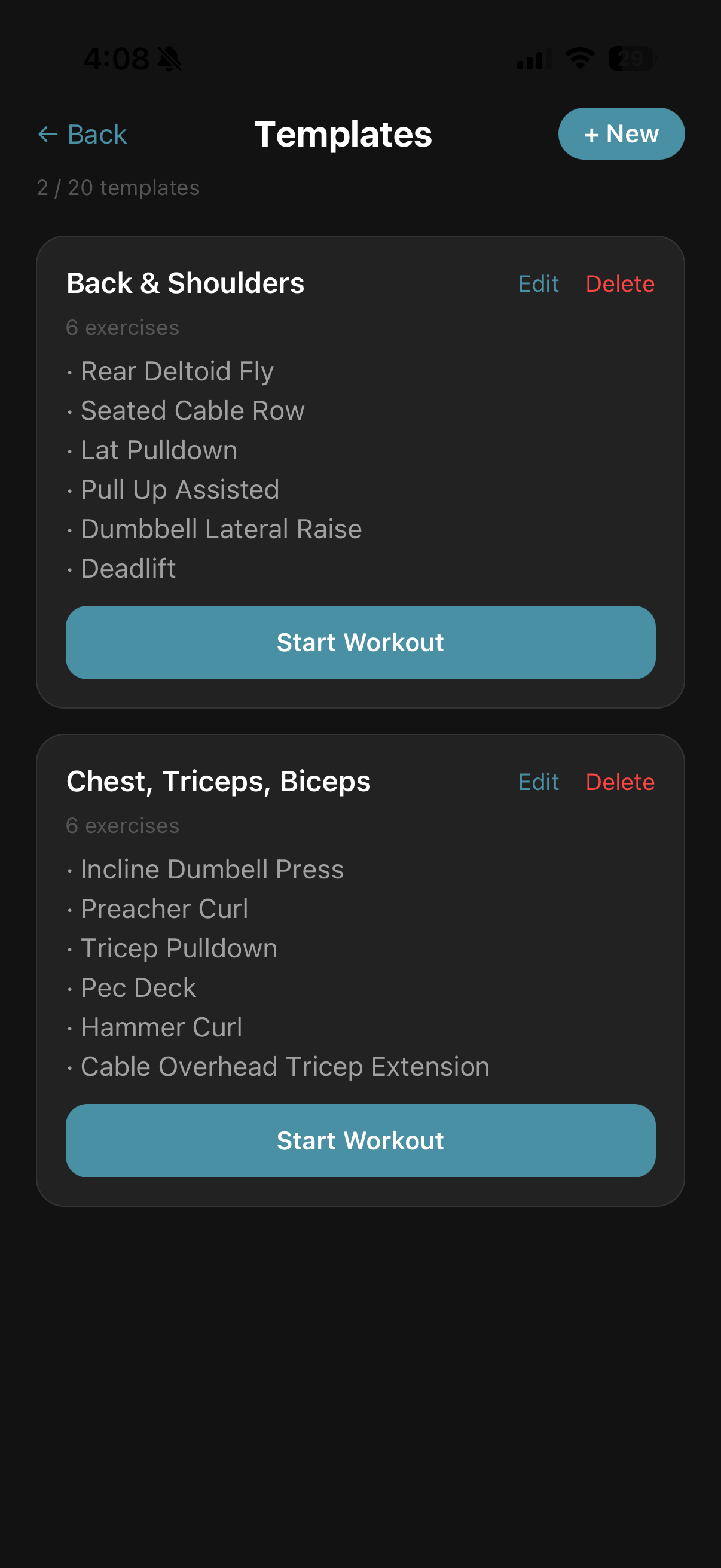 Templates screen